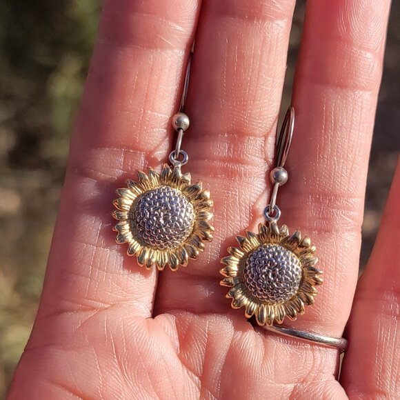 Sterling silver 925 gold boho hippie flower child sunflower earrings - Picture 4 of 13